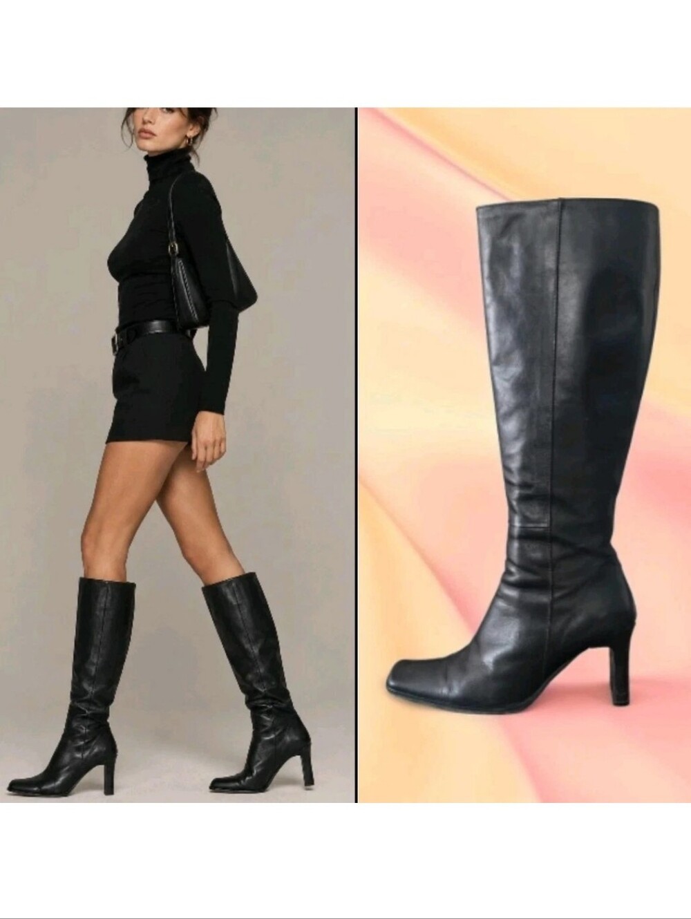 Vtg 90's Charles David by Nathalie M Black Leather Knee High Boots EU 36 Italy